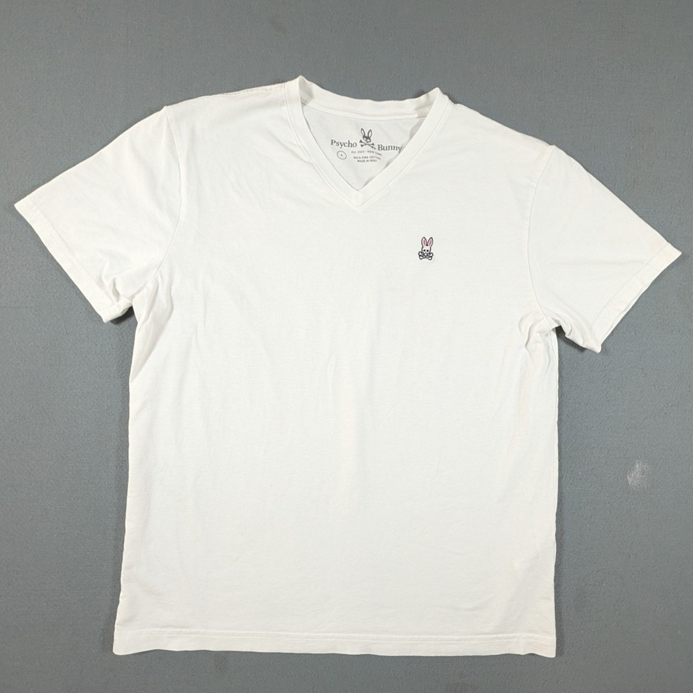 Psycho Bunny T-Shirt Mens 6 White V-Neck Pima Cotton Short Sleeve Logo Tee